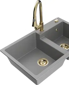 Kuchynské drezy MEXEN/S MEXEN/S - Tomas granitový drez 2-bowl vrátane batérie Elia, šedá 6516-71-670101-50