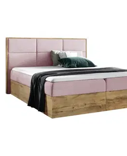 Postele KONDELA Wood 2 boxspringová manželská posteľ ružová / dub lancelot
