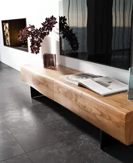 Televízne stolíky DELIFE TV stolík New Live-Edge 175 cm akácia prírodná 4 dvierka závesná kov čierna