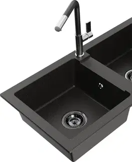 Kuchynské drezy MEXEN/S MEXEN/S - Mario granitový drez 2-bowl vrátane batérie Flora, čierna/zlatá metalik 6504-75-670401-07-B