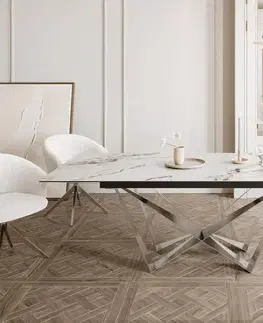 Jedálenské stoly DELIFE Jedálenský stôl Edge 180-220x100 keramika Calacatta Luxe bielo-zlato-šedá Spider plochá oceľ nerezová oceľ rozkladací