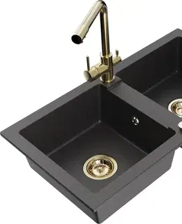 Kuchynské drezy MEXEN/S MEXEN/S - Mario granitový drez 2-bowl vrátane batérie Duero, čierna kropenatá 6504-76-671600-50