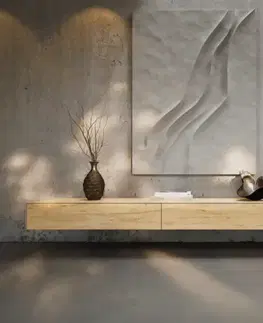 Televízne stolíky DELIFE TV stolík Cuor 250 cm keramika Laminam® sabbia v dubovej farbe 1 výklopné dvierka 1 zásuvka závesný