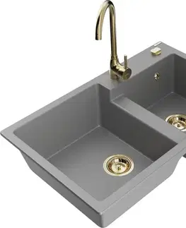 Kuchynské drezy MEXEN/S MEXEN/S - Tomas granitový drez 2-bowl vrátane batérie Telma, šedá 6516-71-670200-50