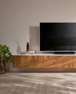 Televízne stolíky DELIFE TV stolík Bahan 200 cm mango teak 4 dvierka mramorová doska biela závesný
