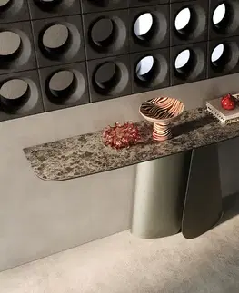 Konzolové stolíky DELIFE Konzolový stolík Edge zaoblený 180×40 cm keramika Emperador Extra Lucidato tmavohnedá Livos kov titánová farba