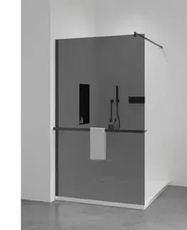Držadlá k vani CERANO - Sprchová zástěna Walk-in Onyx Round L/P - 10 mm + polička/držák na ručníky - kulatá vzpěra - černá matná, grafitové sklo - 150x200  CER-9040B1130