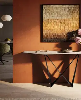 Konzolové stolíky DELIFE Konzolový stolík Edge polygonálny 180×50 cm keramika Laminam® Travertino Bianco krémovo biela Spios kov čierna