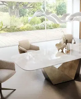 Jedálenské stoly DELIFE Jedálenský stôl Edge zaoblený tvar 270×120 cm keramika Iris FMG Onice Grigio Prisma metalická zlatá