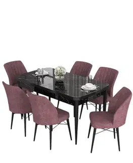 Jedálenské sety Extendable Dining Table & Chairs Set (7 Pieces) Eva - Black Marble, Dusty Rose