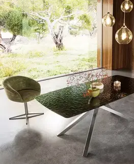 Jedálenské stoly DELIFE Jedálenský stôl Edge oválny 200x100 reliéfne sklo dymovo čierna 3D dizajn krížová podstava nerezová oceľ