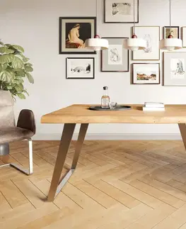 Jedálenské stoly DELIFE Jedálenský stôl Edge 140x90 XL akácia prírodná nerezová oceľ šikmý Live-Edge