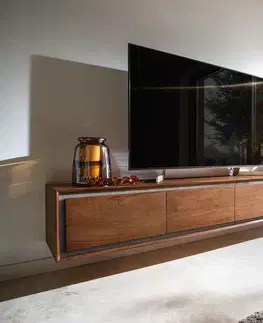 Televízne stolíky DELIFE TV stolík Stonegrace 200 cm akácia hnedá kamenná dyha 4 dvierka závesný