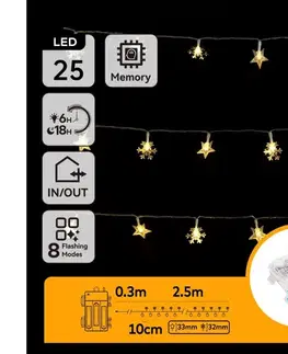 LED osvetlenie  B.V.  - LED vonkajšia vianočná reťaz 25xLED/8 funkcií 3xAA 2,5m IP44 teplá biela hviezdy B10303K4X