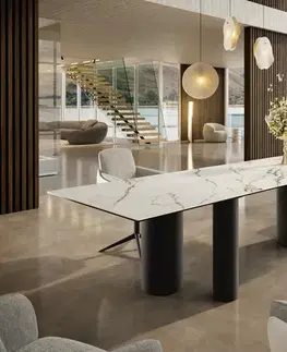 Jedálenské stoly DELIFE Jedálenský stôl Edge 300x100 keramika Calacatta Luxe bielo-zlato-šedá Troa kov čierna