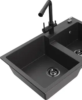 Kuchynské drezy MEXEN/S MEXEN/S - Tomas granitový drez 2-bowl vrátane batérie Duero, čierna kropenatá 6516-76-671600-70-B