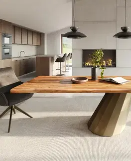 Jedálenské stoly DELIFE Jedálenský stôl Edge 240x100 akácia prírodná parabolický metalický zlatý Live-Edge