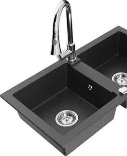 Kuchynské drezy MEXEN/S MEXEN/S - Mario granitový drez 2-bowl vrátane batérie Elia, čierna kropenatá 6504-76-670101-00