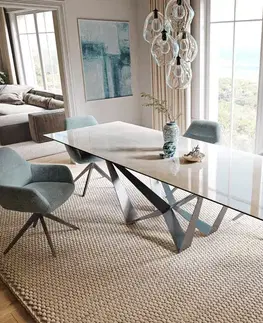 Jedálenské stoly DELIFE Jedálenský stôl Edge 200-300×100 cm keramika onyx šampanské spider plochá oceľ nerezová oceľ grafit rozkladací