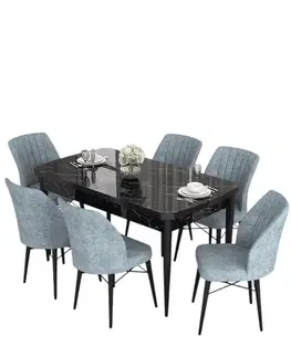 Jedálenské sety Extendable Dining Table & Chairs Set (7 Pieces) Eva - Black Marble, Grey