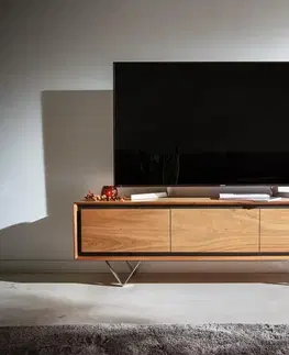 Televízne stolíky DELIFE TV stolík Stonegrace 145 cm akácia prírodná 3 dvierka kamenná dyha podstava v tvare V
