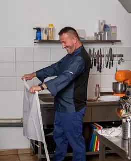Oblečenie, obuv a doplnky EGOCHEF Kuchárske nohavice EGOchef modré jemné biele pásy S