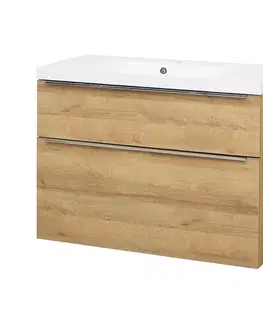 Kúpeľňový nábytok Mereo Mailo, kúpeľňová skrinka s umývadlom z liateho mramoru 101 cm, dub Riviera, elox AL madlo CN522MA