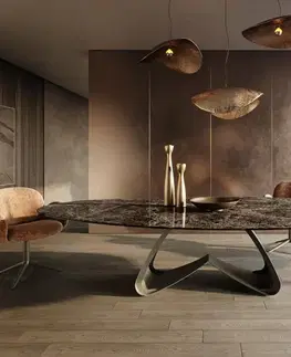 Jedálenské stoly DELIFE Jedálenský stôl Edge oválny 315×150 cm keramika emperador extra lucidato tmavohnedá podstava v tvare W kov titánová farba