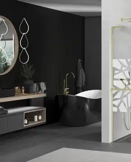 Sprchové dvere MEXEN/S - Kioto+ L Sprchová zástena WALK-IN s poličkou a držiakom uterákov 100 x 200, biely vzor, zlatá 800-100-123-50-85