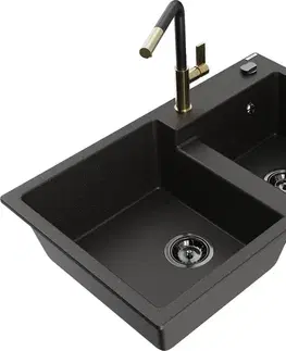 Kuchynské drezy MEXEN/S MEXEN/S - Tomas granitový drez 2-bowl vrátane batérie Flora, čierna/zlatá metalik 6516-75-670401-57-B
