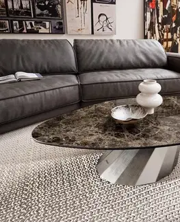 Konferenčné stolíky DELIFE Konferenčný stolík Edge organický 140x76 cm keramika Laminam® Emperador Extra Lucidato tmavohnedá Parabi nerezová oceľ kefovaná