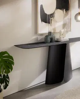 Konzolové stolíky DELIFE Konzolový stolík Edge zaoblený 180×40 cm keramika Laminam® Nero Greco antracitová Livos kov čierna