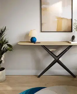 Konzolové stolíky DELIFE Konzolový stolík Edge zaoblený 180×40 cm keramika Laminam® Sabbia dubová farba Estelo kov čierna
