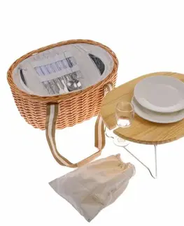 Chladiace tašky a boxy Prútený piknikový kôš s pevným vekom/stolom pre 2 osoby s termoboxom, 40 x 31 x 21 cm, 3 kg