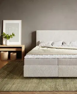 Postele Boxspring DELIFE Boxspring posteľ Dream-Well 160×200 cm bouclé krémovo biela s matracom a topperom