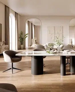 Jedálenské stoly DELIFE Jedálenský stôl Edge zaoblený tvar 260×120 cm keramika Minas Melange bielo-béžová Troa kov čierna