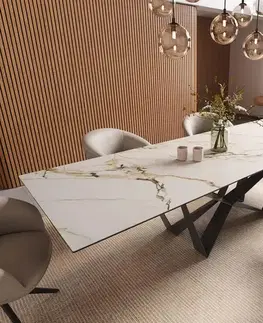 Jedálenské stoly DELIFE Jedálenský stôl Edge 300x100 keramika Calacatta Luxe bielo-zlato-šedá Spider plochá oceľ čierna