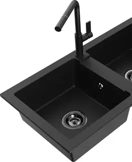 Kuchynské drezy MEXEN/S MEXEN/S - Mario granitový drez 2-bowl vrátane batérie Flora, čierna 6504-77-670401-70-B