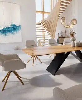 Jedálenské stoly DELIFE Jedálenský stôl Edge zaoblený tvar 300x120x2,5-3 dub prírodný podstava v tvare V plochá oceľ čierna švajčiarska hrana