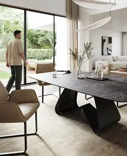 Jedálenské stoly DELIFE Jedálenský stôl Edge zaoblený 260×120 cm keramika Laminam® Nero Greco antracitová podstava v tvare W kov čierna
