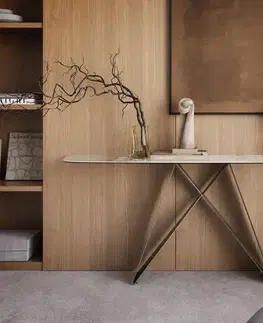 Konzolové stolíky DELIFE Konzolový stolík Edge zaoblený tvar 180×40 cm keramika Minas Melange bielo-béžová Velio kov titánová farba