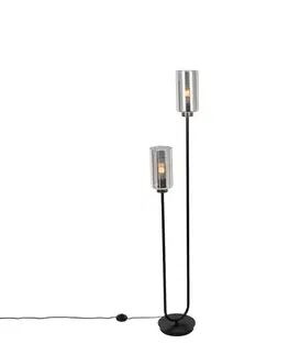 Stojace lampy Art Deco stojaca lampa čierna s dymovým sklom 2-svetlo - Laura