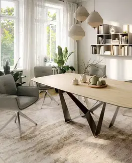 Jedálenské stoly DELIFE Jedálenský stôl Edge zaoblený tvar 260×120 cm keramika Laminam® Sabbia dubová farba pavúk plochá nerezová oceľ
