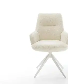 Jedálenské stoličky DELIFE Jedálenská stolička Zelia-Flex s opierkami barančekový poťah béžová krížová podstava široká biela 360° otočná hojdacia funkcia vrecková pružina