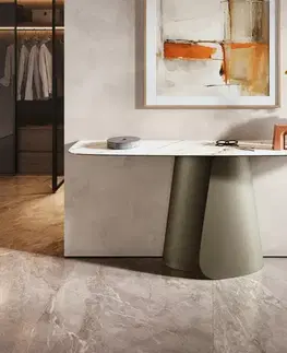 Konzolové stolíky DELIFE Konzolový stolík Edge zaoblený tvar 180×40 cm keramika Calacatta Luxe bielo-zlato-šedá Livos kov titánová farba