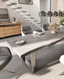Jedálenské stoly DELIFE Jedálenský stôl Edge 300x100 XL akácia platinová nerezová oceľ široký Live-Edge