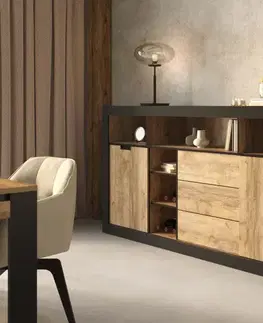 Komody a skrinky COOP široká komoda 3S2D, dub Samdal/čierna mat