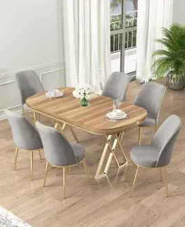 Jedálenské sety Dining Table & Chairs Set (7 Pieces) Lai - Light Walnut, Gold, Grey