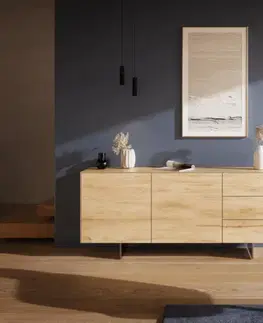 Komody DELIFE Komoda Cuor 180 cm keramika Laminam® Sabbia v dubovej farbe 2 dvierka 3 zásuvky podstava závesná nerezová oceľ