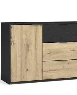 Komody do spálne Komoda Upsala 1D 3S 46B čierny grafit+dub artisan